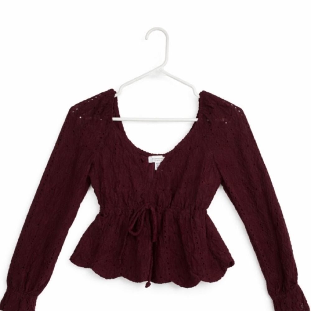 Women’s Long-Sleeve Peplum Eyelet Top - Burgundy